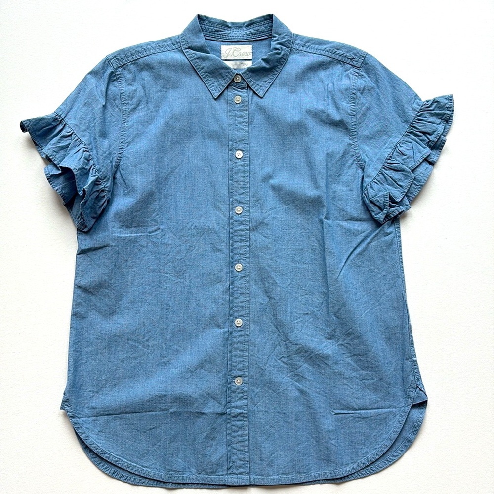 J.Crew Classic-Fit Chambray Ruffle-Sleeve Shirt- NWT- Medium Light Wash- Size 8 - Picture 2 of 7